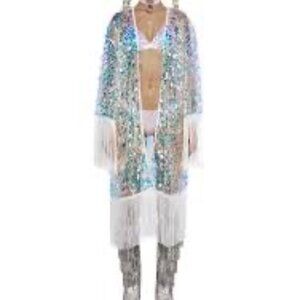 DOLL'S KILL CLUB EXX DRAMA SHIELD IRIDESCENT FRINGED LARGE SEQUIN KIMONO